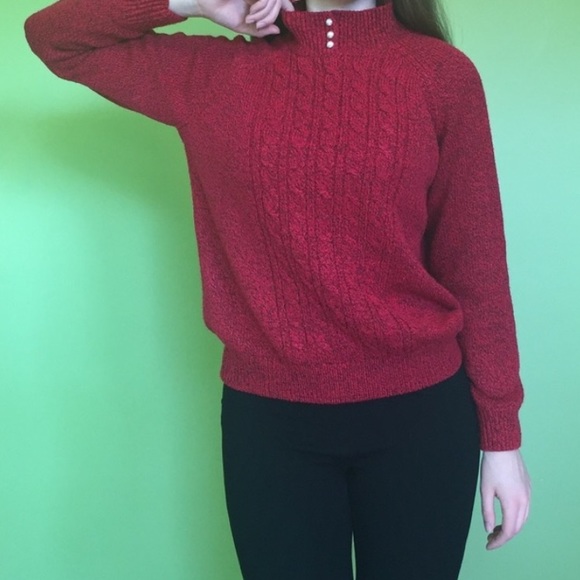 Karen Scott red knit mock neck pullover chunky knit sweater pearl detail - Picture 4 of 5